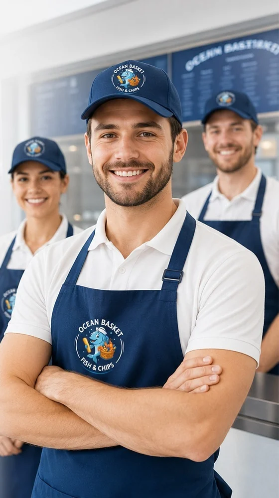 Ocean Basket Fish & Chips staff in branded aprons and caps